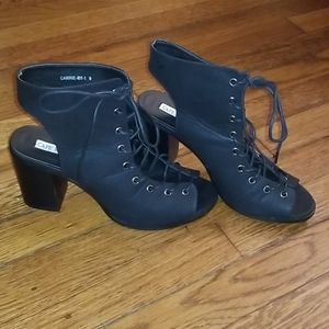 Black lace up heeled booties